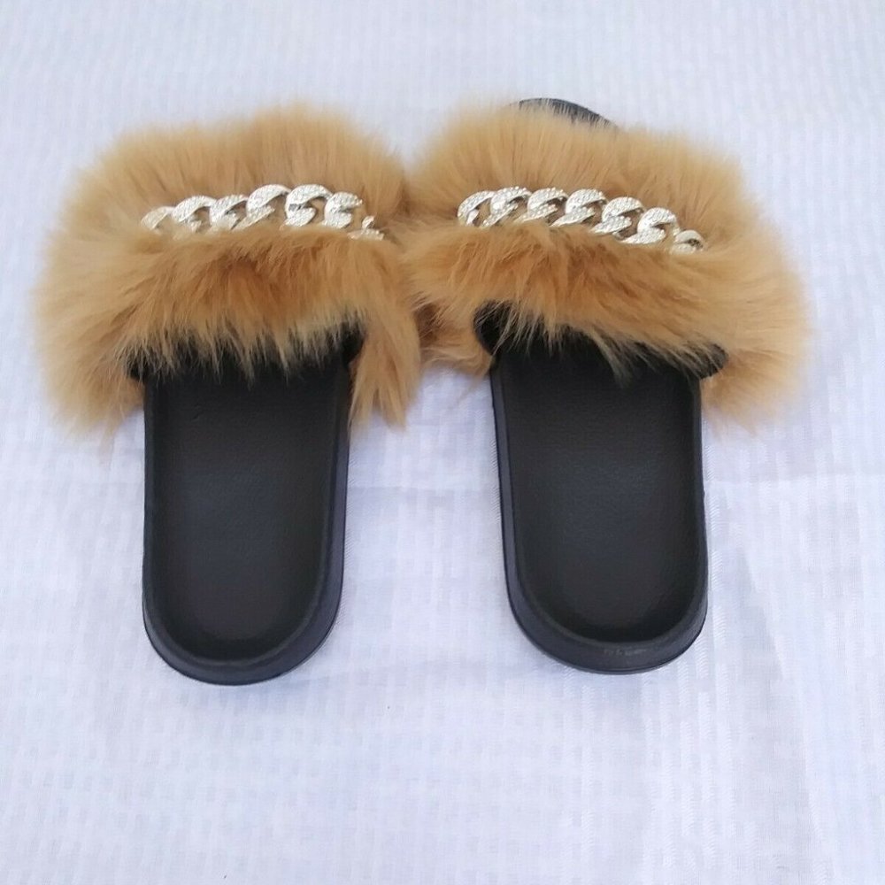 Brown Faux Fur Slides/Slippers/With Chain - Picture 5 of 9
